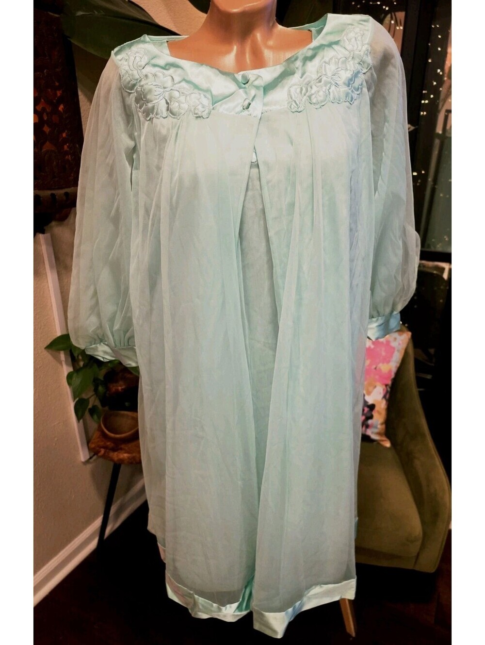 Vtg 1970s Gossard Artemis Mint Green Nylon Peignoir Nightgown Robe Set Small